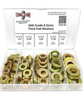 Heavy Duty Grade 8 SAE Extra Thick Flat Washer Kit 1/4 To 1/2 Inch Sizes With Zinc Yellow Finish in 190 Piece Organizer Box
