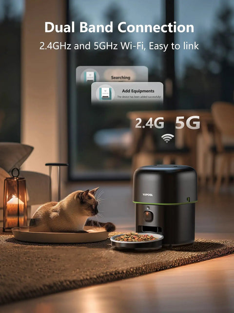Zero Stress Fur Baby Snack Routine With This Smart Automatic Cat Feeder Boasting 1080P HD Camera And Infrared Night Vision Using 5G WiFi Plus Two Way Audio And Tight Portion Control To Keep Dry Kibble Fresh shows a cat near a black automatic feeder.