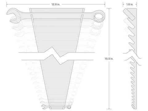 Technical diagram of 19 Piece Metric Combination Wrench Set with Rack, Angled Open Ends For Tight Spaces, 12.6 x 1.6 x 15.5 in.