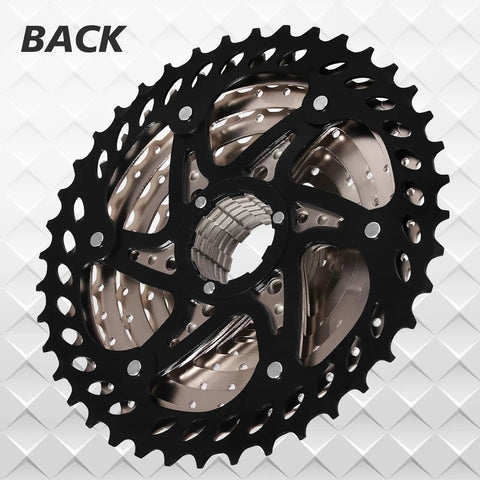 Back view of Ultra Light 8 9 10 11 12 Speed Bike Cassette for mountain road XC DH AM with 11 to 52T range on white background.