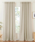 Beige Semi Sheer Linen Textured Curtains hung on window, 52x84 inches, 2 panel set; light glare filtering drapes in living room decor.