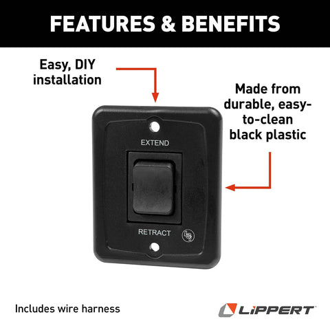 40 Amp Power RV Awning Interior Switch Kit And Plate No Fuss Push Button Extend And Retract Universal Fit Durable Plastic Construction Easy Install With Harness Included, black plastic switch with extend and retract labels