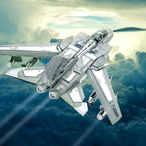 83-piece 3D Metal Puzzle Tornado Fighter Jet Kit for Adults and Teens soaring above clouds, military aircraft model build.