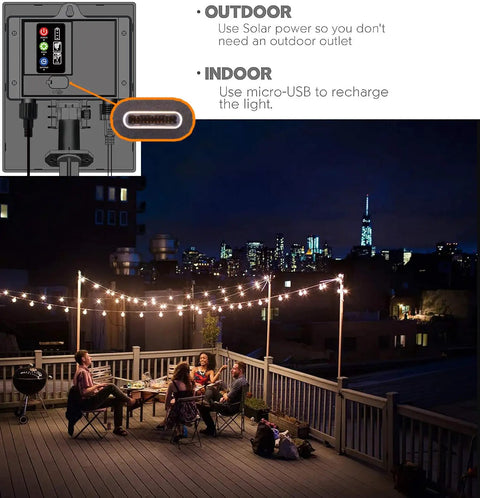 Solar String Lights Waterproof LED Indoor Outdoor Hanging Umbrella Lights with 25 Bulbs, 27 Ft Patio Party Decor on Rooftop Deck