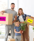 Family holding boxes labeled with Big 5x3 Inch Blank Labels For Storage Bins, 240 Pack With 10 Colors Writable Organizing Labels