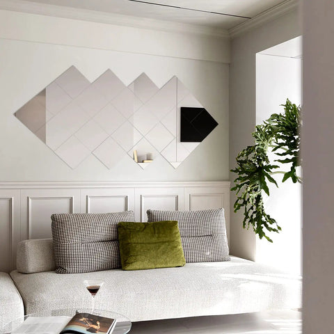 18 Piece 12x12 Inch Mirror Tiles For Wall Or Door Easy DIY Full Length Body Mirror Kit in modern living room