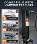 Heavy Duty Trailer Jack 12000 Lbs Side Mounted Direct Weld 26 Inch Vertical Travel Adjustable Drop Leg next to trailer images