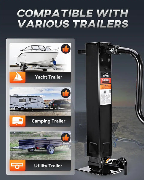 Heavy Duty Trailer Jack 12000 Lbs Side Mounted Direct Weld 26 Inch Vertical Travel Adjustable Drop Leg next to trailer images