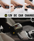 Heavy Duty Handheld Spotlight With 12V DC Charger showing car charging setup with rugged ABS body and coiled cord.