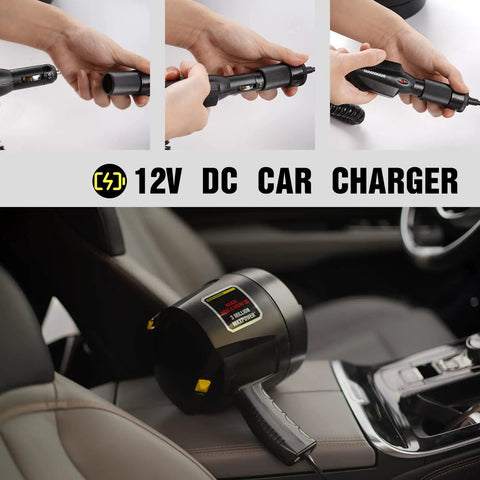 Heavy Duty Handheld Spotlight With 12V DC Charger showing car charging setup with rugged ABS body and coiled cord.