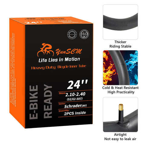 Packaging of Two Pack 24 Inch Heavy Duty Bike Tubes With AV32mm Schrader Valve Fits 24x2.10 To 24x2.40 Tires