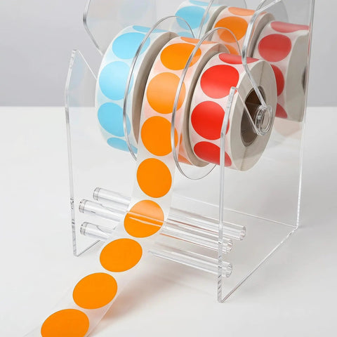 Acrylic Label Dispenser With Adjustable Three Slots For Shipping And Fast Paced One Hand Loading For Printing Shops DIY Areas And Busy Ecommerce Workflows A Reliable Label Roll Holder And Tape Storage Solution, clear side view