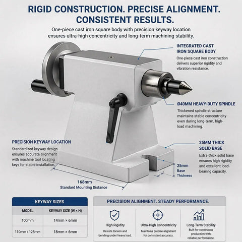 Heavy Duty Lathe Tailstock With 50 Mm Travel And Mt2 Mt3 Taper Options For Cnc 4 Axis Rotary Tables showing cast iron square body and heavy-duty spindle.