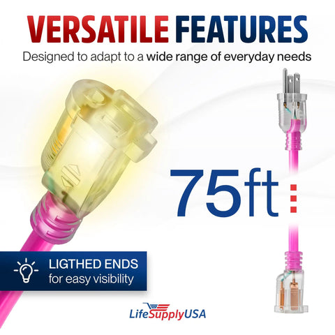 75Ft Heavy Duty Extension Cord Waterproof And Cold Resistant For Indoor Or Outdoor Jobsites A Beefy 15 Amp Three Prong Power Cable That Grinds Through Anything Without Breaking A Sweat In Neon Pink, featuring lighted ends.