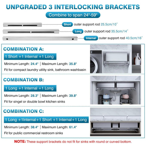 Diagram of Adjustments for Under Sink Support Brackets 24 to 59 Inch Adjustable Undermount Sink Bars, showing three combinations.