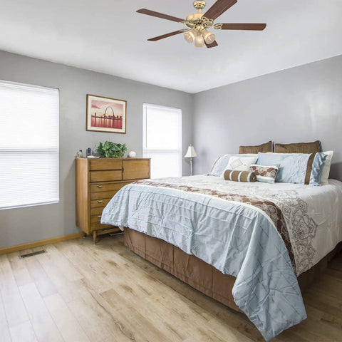 52 Inch Vintage Indoor Ceiling Fan With Dimmable LED Light And Clear Ribbed Glass, Polished Brass Finish in bedroom