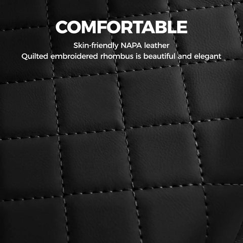 Quilted Nappa leather texture detail of Leather Car Center Console Cover 5 In 1 Multifunctional Armrest Cushion With Cup Holders Phone Slot Tissue Box And Side Pockets Universal Fit Waterproof Interior Accessory To Level Up Your Ride And Keep It Clean Black.