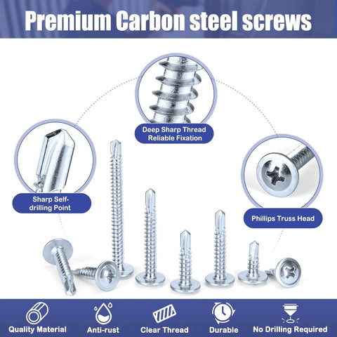 Heavy Duty Self Tapping Screws For Metal And Sheet Metal Assortment Kit With Modified Truss Head Zinc Plated Steel Five Size Set