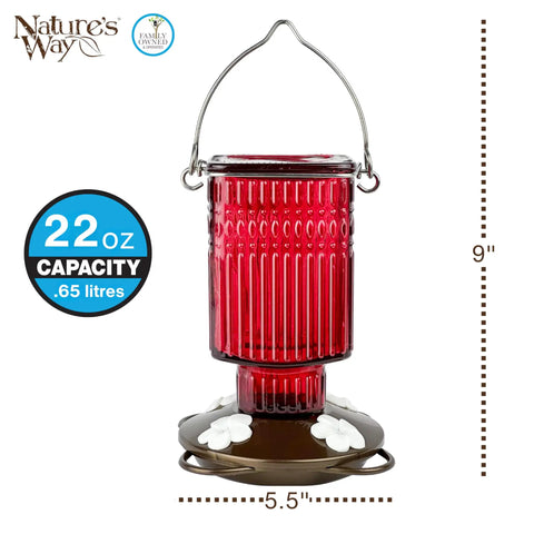 Antique Textured Glass Hummingbird Feeder Hanging For Outdoor Decor, 22 Ounce Nectar Capacity, Four Flexible Flower Ports