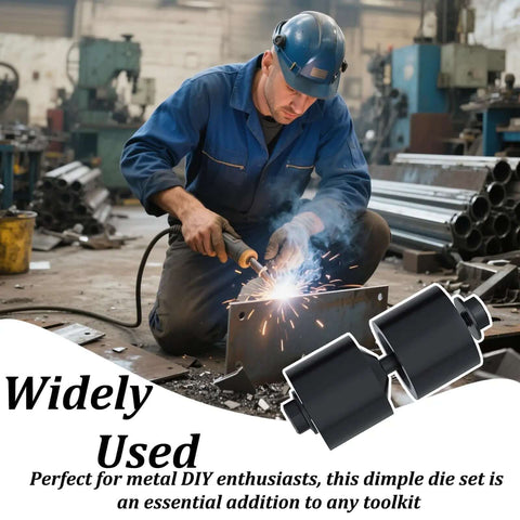 Man welding in workshop beside Beefy Dimple Die Tool For Dzus Fasteners In Metal Fabrication, black oxide finish, heavy-duty use