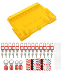 Lockout Tagout Station Kit With Padlocks, Keys, Hasps, Hangtags And Visual Management Board, Secure Cover For Industrial Safety On The Shop Floor, Perfect For Factory Equipment Maintenance And Compliance; yellow cover, red padlocks