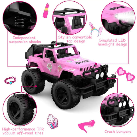 Jeep Licensed Pink 1:14 Scale Remote Control Car For Girls Open Top Off Road RC Jeep With LED Lights 2.4GHz Remote 80 Minutes Play Time Includes 2 DIY Stickers Gift For Girls 6 Plus Birthday Gift Idea, showcasing the rear view and side details.