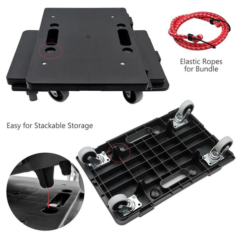 Heavy Duty Furniture Mover Dolly With Wheels 16 Inch Flat Cart Interlocking Design Black Holds Up To 440 Lbs shown with elastic ropes