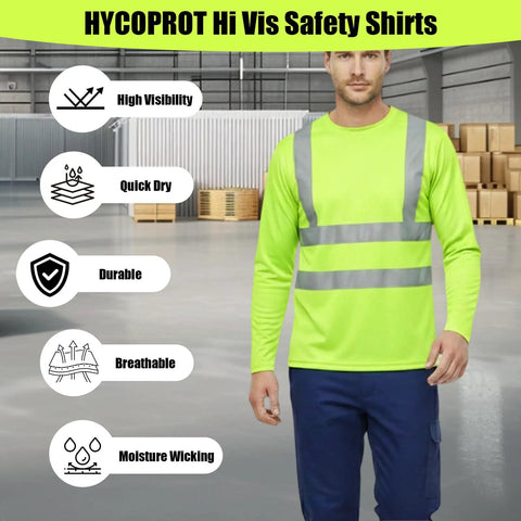 Shop Floor Ready Long Sleeve Hi Vis Safety Shirt With Bold Reflective Strips Class Three Ansi Certified Work Tee worn in a warehouse setting.