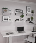 Premium White Floating Shelves Set Of 6 For Wall Decor And Home Storage, arranged above a desk with decorative items and plants.