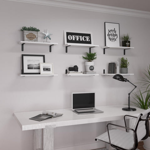 Premium White Floating Shelves Set Of 6 For Wall Decor And Home Storage, arranged above a desk with decorative items and plants.