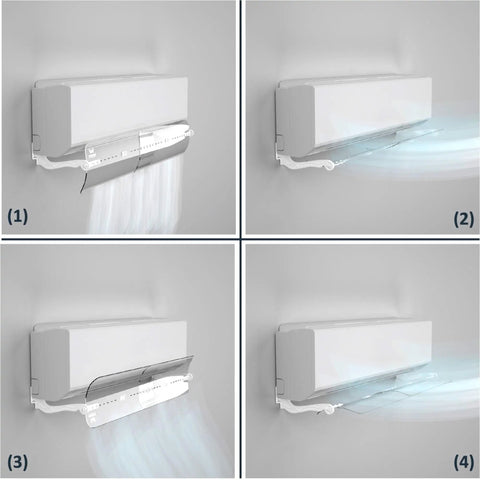 Collage showing adjustable AC air deflector extending from 24 to 43 inches, 360 degree rotatable, fitted on standard split AC units.