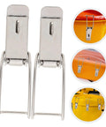 Sturdy Stainless Steel Toggle Latch Fasteners Set With Extended Hook Locks 6 Pack Spring Loaded Door Latch Kit For Garage Doors And Hinge Security Now, featuring two front-view latches and usage examples on a container.