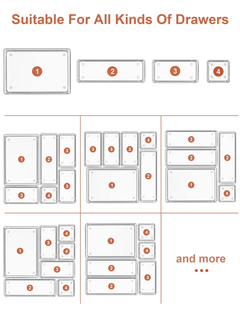 Diagram of 22 Piece Drawer Organizer Set With Non Slip Silicone Pads Clear 4 Size Trays For Makeup Jewelry Utensils Storage