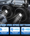 Keep Your Ride Chill With This Usb Powered Dual Head Car Fan Featuring Three Speed Settings And 360 Degree Swivel Headrest Mount For Big Airflow And Straight Up Sweet Relief On Family Trips Or Daily Commutes with two fans showing speed indicators.