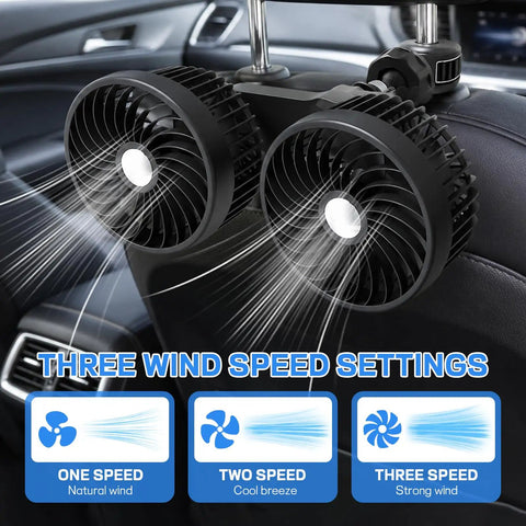 Keep Your Ride Chill With This Usb Powered Dual Head Car Fan Featuring Three Speed Settings And 360 Degree Swivel Headrest Mount For Big Airflow And Straight Up Sweet Relief On Family Trips Or Daily Commutes with two fans showing speed indicators.
