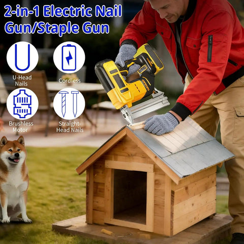 Heavy Duty 18 Gauge Cordless Brad Nailer And Electric Staple Gun delivers killer brushless performance while roofing a doghouse.