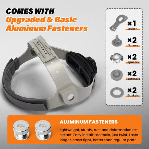 Headgear Replacement For Welding Helmets With 100 Percent Aluminum Fasteners Adjustable Ratcheting Dial Cushioned Pad And Easy Install Fits Fiber Metal Sugar Scoop And Pipeliner Hoods For Pro Welders Comfort And Durable Protection shown with fasteners and assembly tools