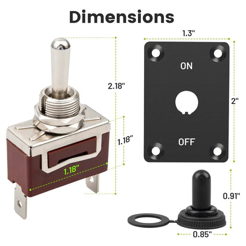 Waterproof Toggle Switch 12V DC 30A Heavy Duty 2 Pin SPST On Off With Panel Mount dimensions and parts display