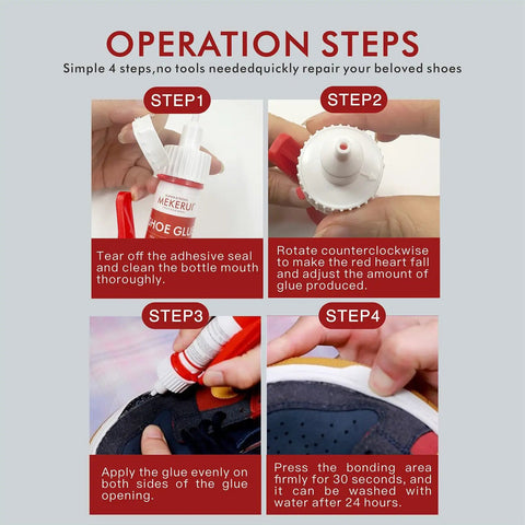 Operation steps for using Thirty Second Rapid Shoe Glue For All Footwear Waterproof Clear Adhesive That Bonds Sneaks Boots Heels