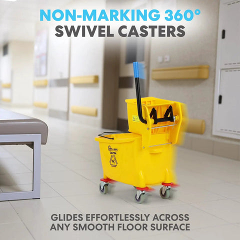 Legit Heavy Duty 35 Quart Mop Bucket With Side Press Wringer Rolling Cart For Commercial Cleanup Crews That Demand Quick Results includes yellow poly bin on smooth floor.