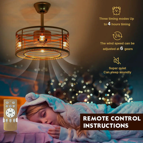 Gold Finish Caged Ceiling Fan With Light Remote Control Fandelier With Reversible Copper Motor 6 Speed Settings above sleeping child.