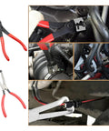 Sixteen Piece Hose Clamp Pliers Set for Automotive Repair including swivel jaw and angled pliers shown in use on hoses