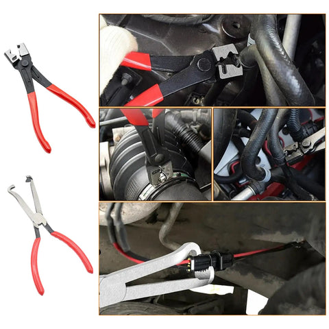 Sixteen Piece Hose Clamp Pliers Set for Automotive Repair including swivel jaw and angled pliers shown in use on hoses