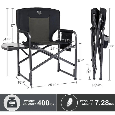 Diagram of Ultra Lite Aluminum Oversized Camping Chair With Side Table And Detachable Pocket, folded and unfolded, black.