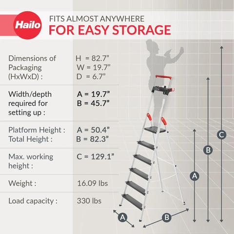 Six Step Aluminum Step Ladder With 330 Lb Capacity, 129.1 Inch Reach, Heavy Duty Build, Extendable Safety Bar, Locking Platform, Non Slip Steps, Tool Tray, Bucket Strap And Hook, EasyClix Ready For Fast Setup And Secure, High Reach Work. Product spec image with 330 lb capacity and 129.1 in working height.