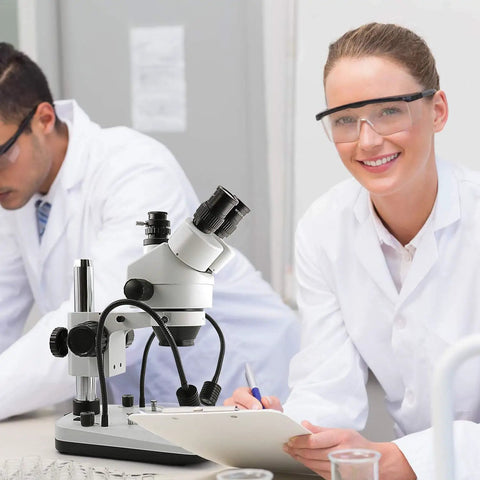 Trinocular Stereo Microscope With 7X To 45X Zoom, WF10X Eyepieces, Gooseneck LED Lighting And Transmitted Light, Pillar Stand, 110V Power Supply, Dope Clarity For Lab Work, Education And Hobby Projects on lab bench