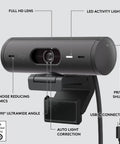Built Different Brio 501 Full HD Webcam With RightLight 4 Tech 1080p Video Call Camera shown with noise canceling mics and LED activity light.