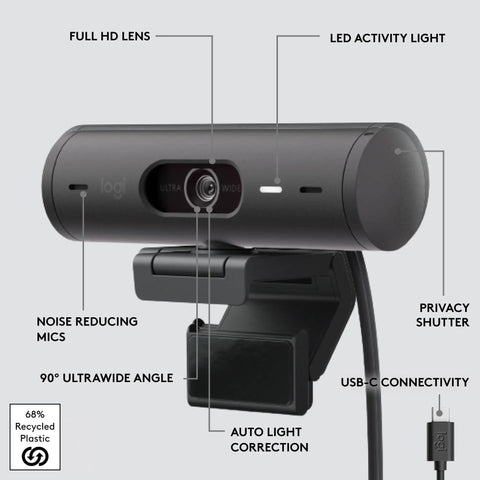 Built Different Brio 501 Full HD Webcam With RightLight 4 Tech 1080p Video Call Camera shown with noise canceling mics and LED activity light.