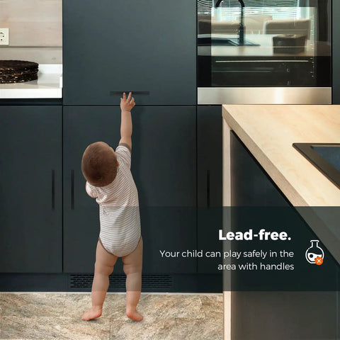 Matte Black Cabinet Handles 30 Pack 5 Inch Square Drawer Pulls Modern Kitchen Hardware Durable Construction Easy Install For Cabinets And Drawers Quick Mount installed on kitchen cabinets, with child reaching for handle.