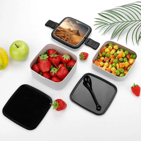 Open Pyramid Africa Desert Bento Box Leakproof Double Layer Lunch Box with fresh strawberries and vegetables, durable PP material.
